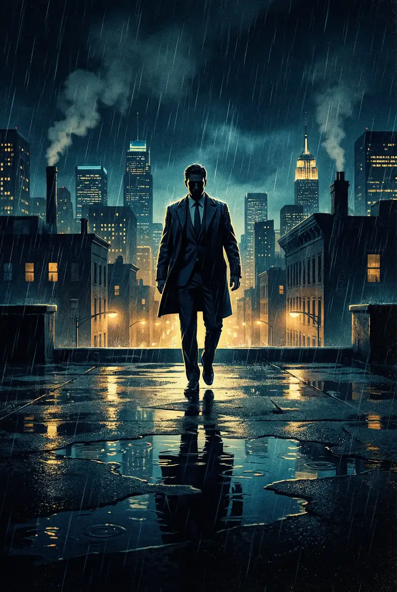 再向虎山行高清 出品影片《雨夜独行者》海报，雨中城市屋顶男性剪影